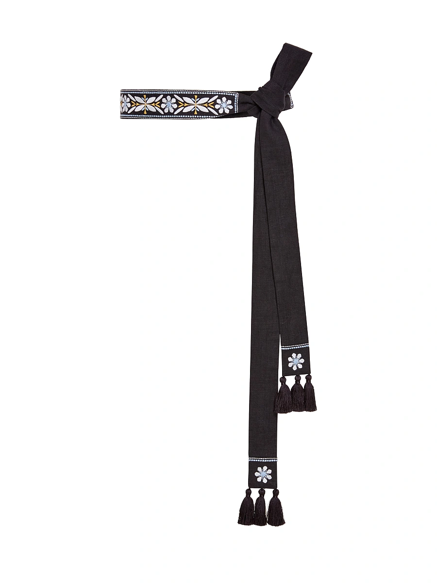 Linen embroidered belt in carrot color "Flora" — Black