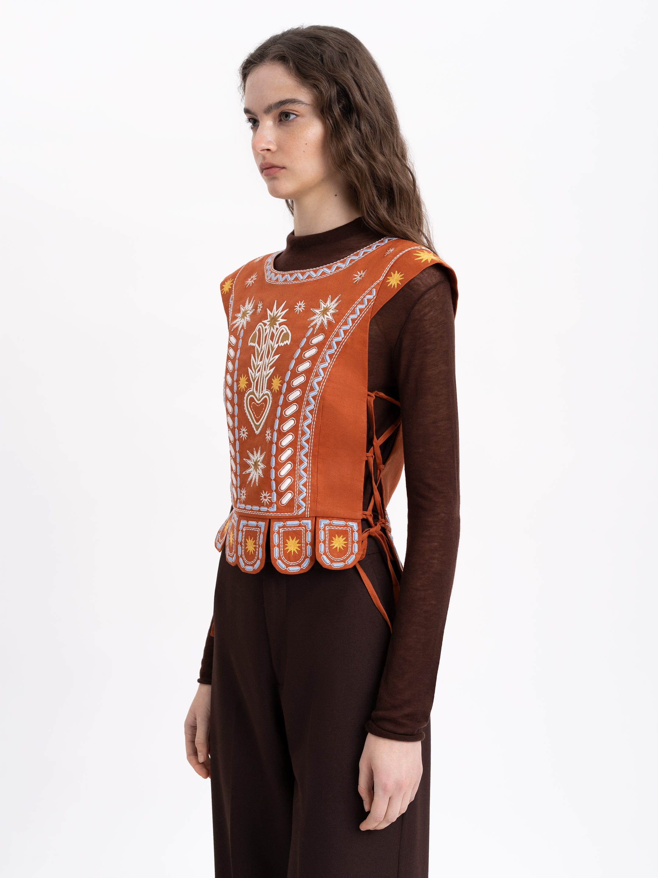 Terracotta linen embroidered vest "Adamant" photo