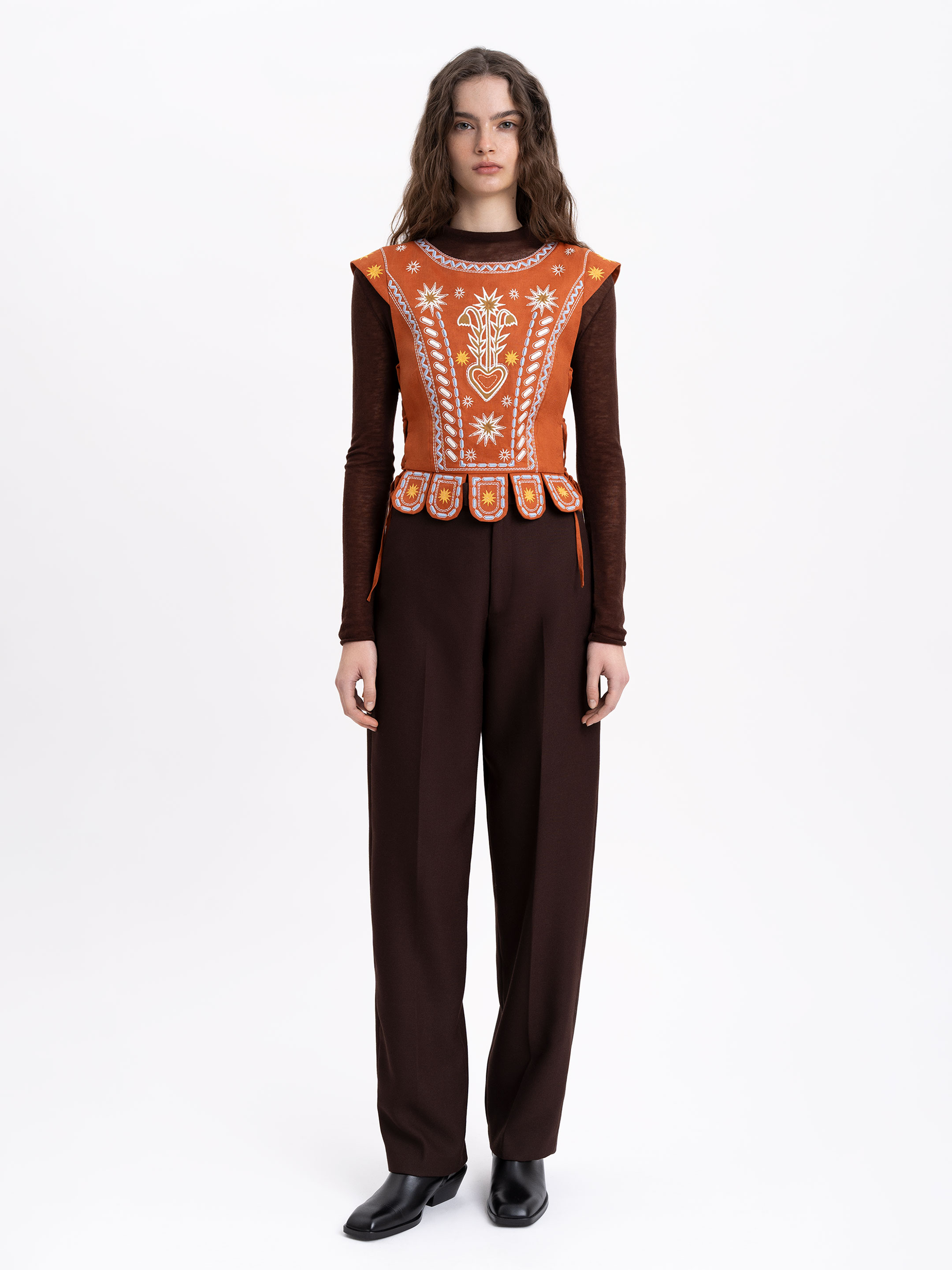 Terracotta linen embroidered vest "Adamant" cheap