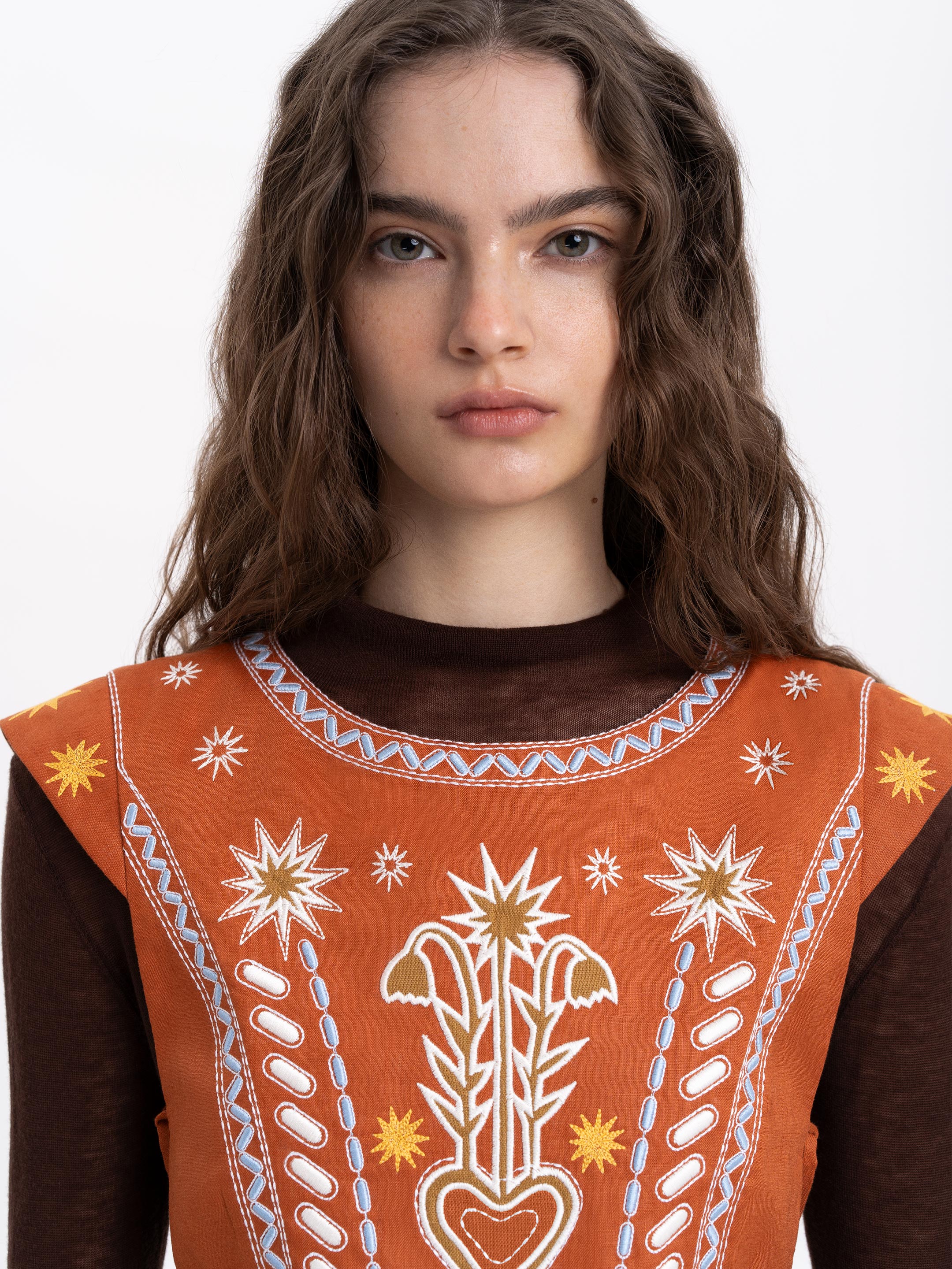 Terracotta linen embroidered vest "Adamant" in Ukraine