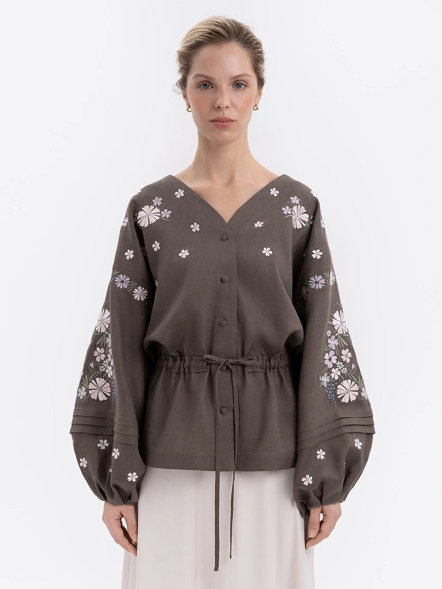 Light linen embroidery blouse Budzhak — Brown
