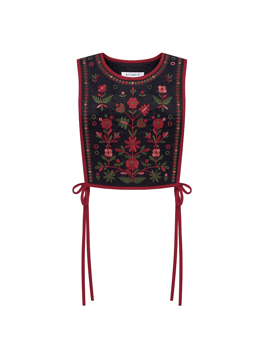 Linen embroidered vest with ties Yaryna vest — Red