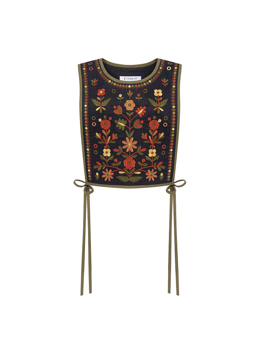 Linen embroidered vest with khaki ties Yaryna zhylet [0]