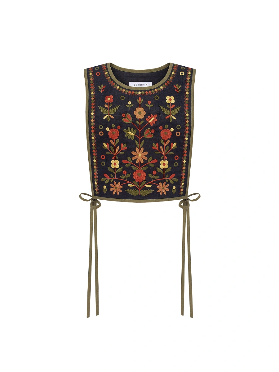 Linen embroidered vest with ties Yaryna vest — Green