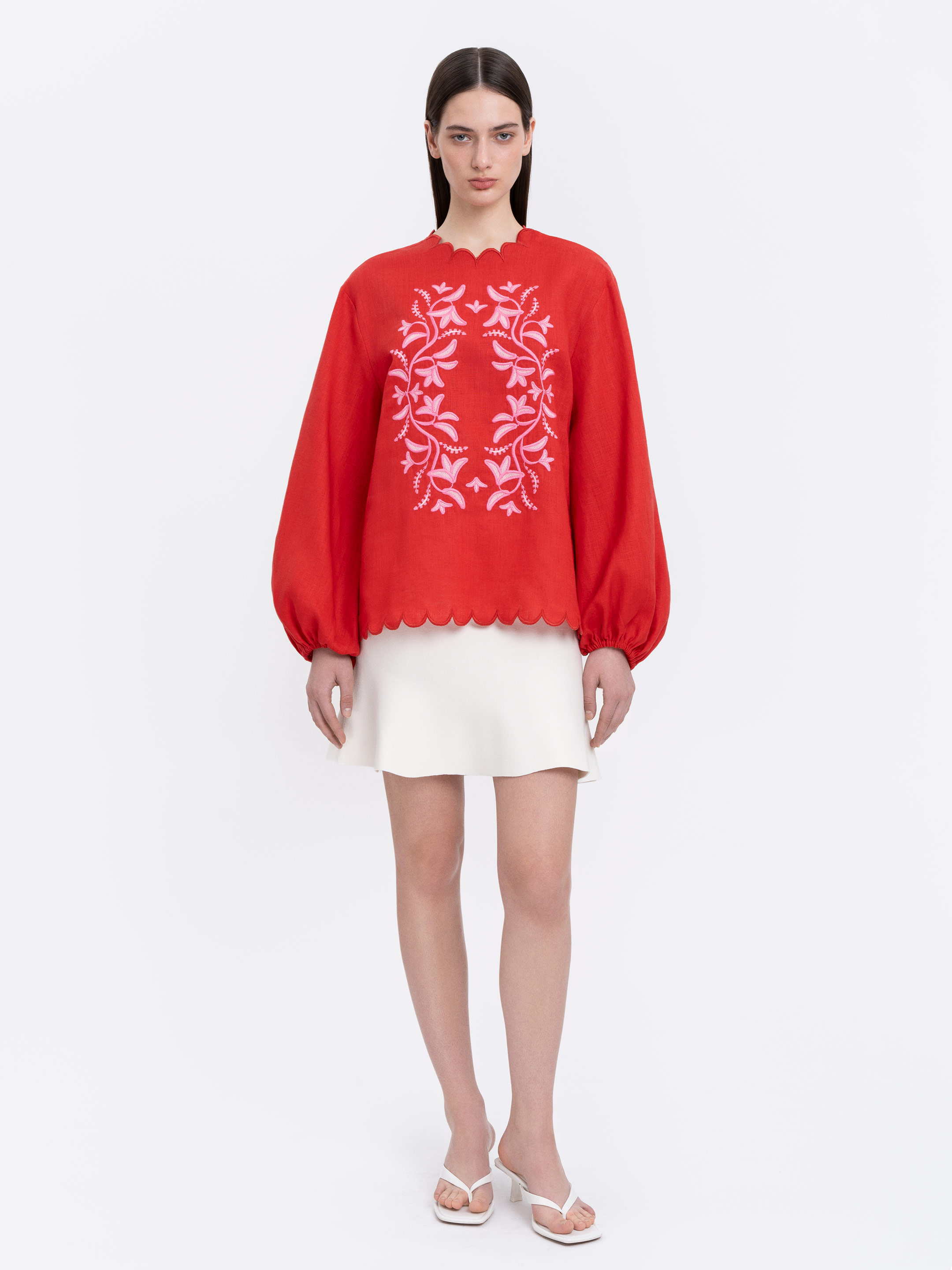 Red‑coloured embroidered shirt  “Troyanda” in Ukraine