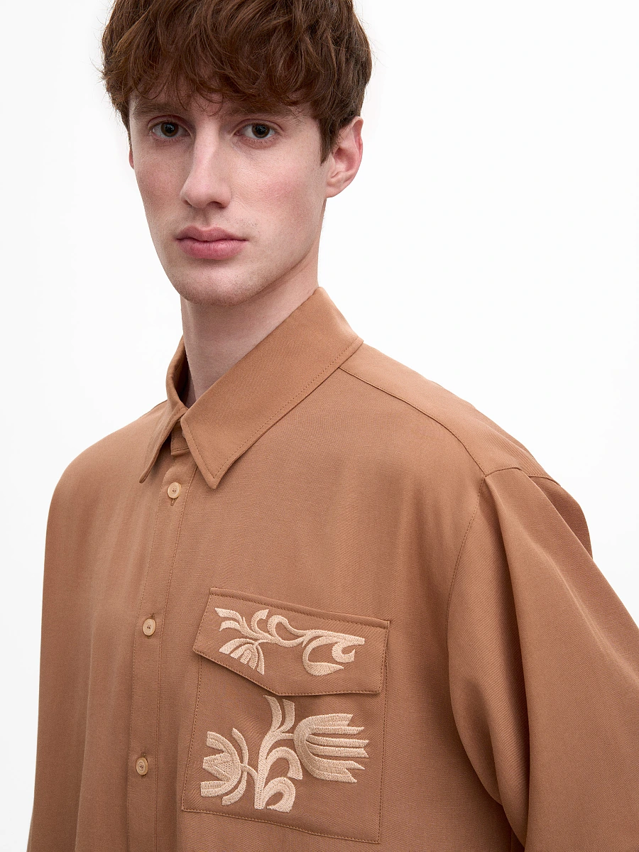 Light Embroidered Shirt "Khvylia Blue" — Brown