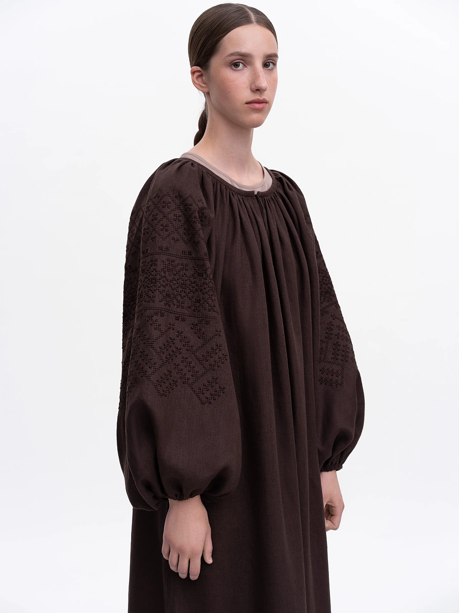 Milk embroidered dress "Velina" — Brown