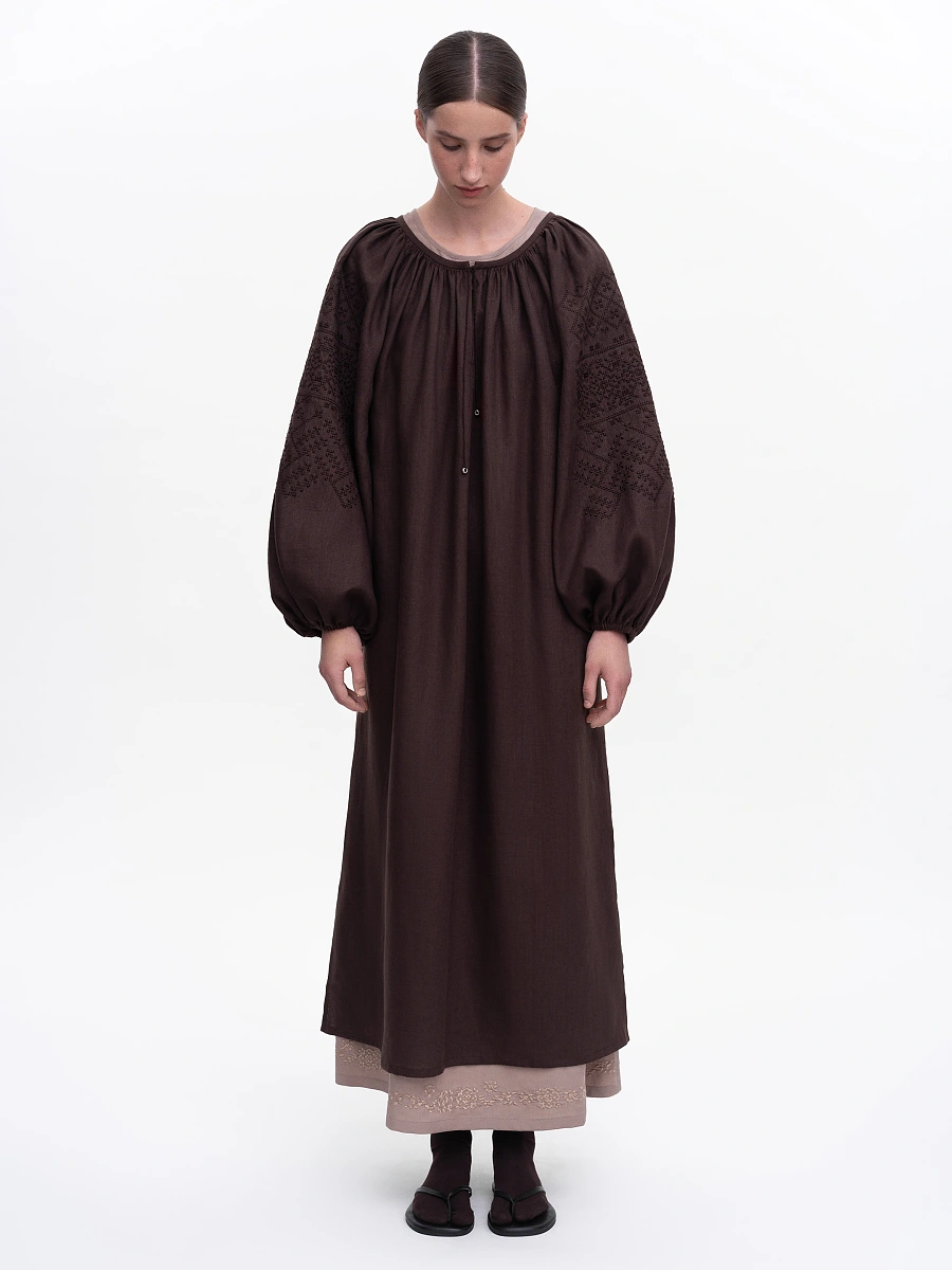 Milk embroidered dress "Velina" — Brown