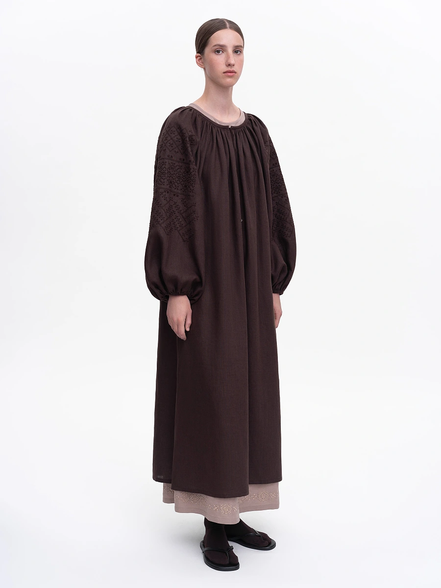 Milk embroidered dress "Velina" — Brown