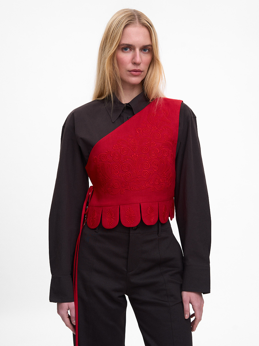 Asymmetric vest with red embroidery in tone "Osiayna" [0]