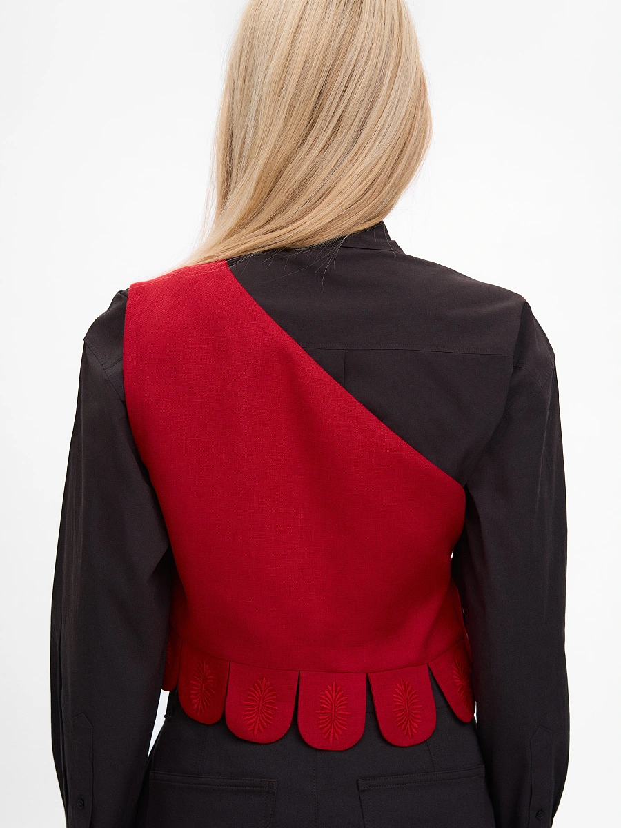 Asymmetric vest with black embroidery in tone "Osiayna" — Red