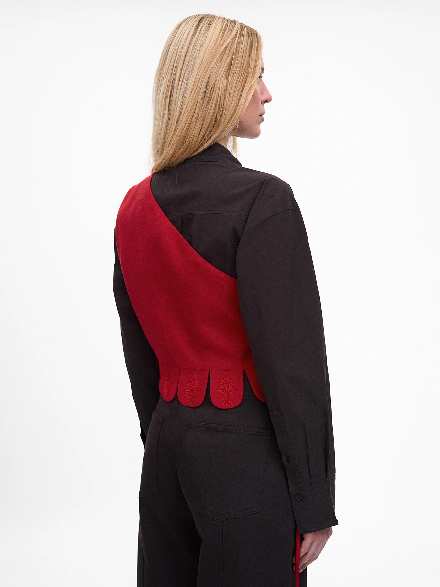 Asymmetric vest with black embroidery in tone "Osiayna" — Red
