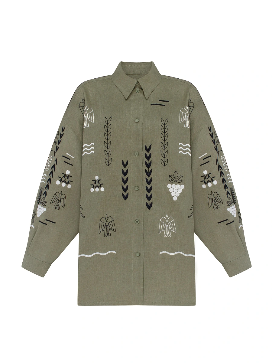Beige linen embroidered shirt SLOVO — Green