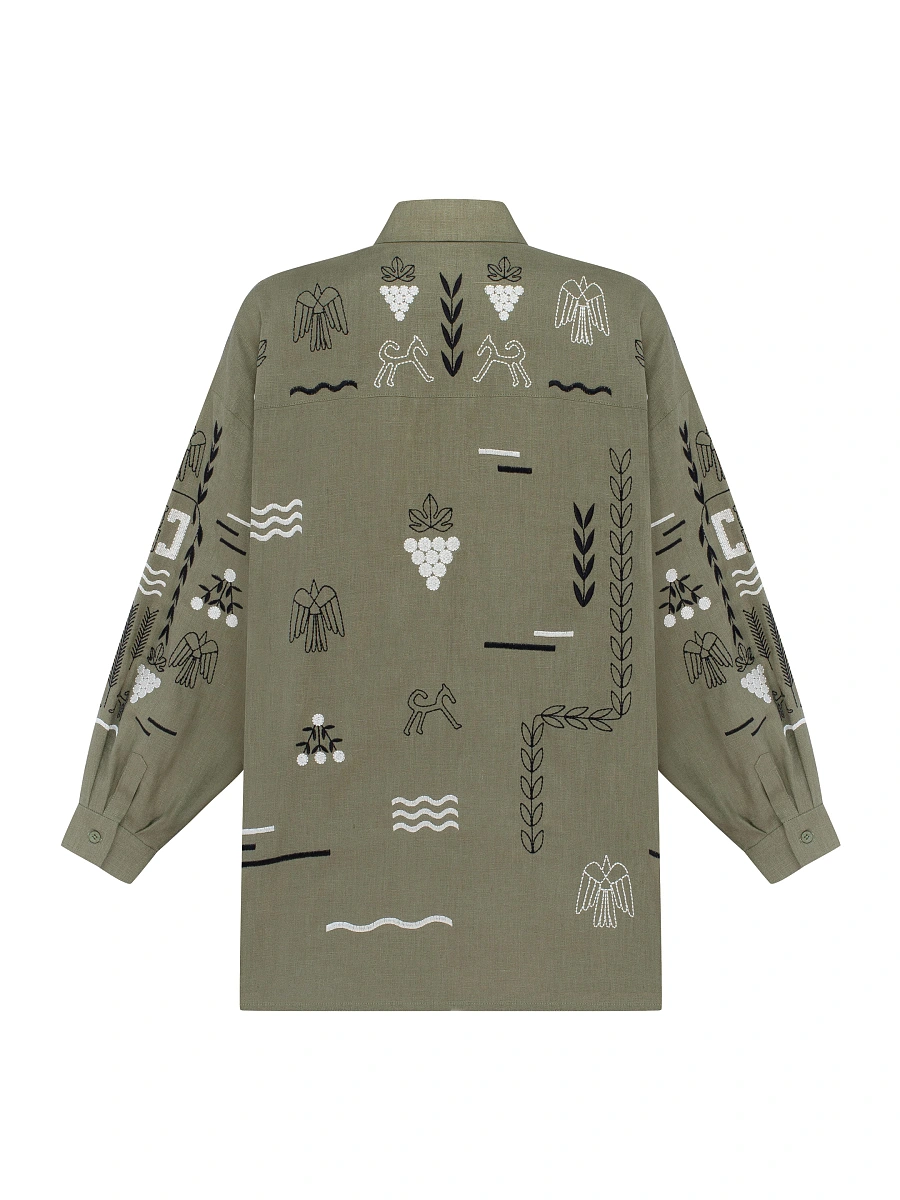Beige linen embroidered shirt SLOVO — Green