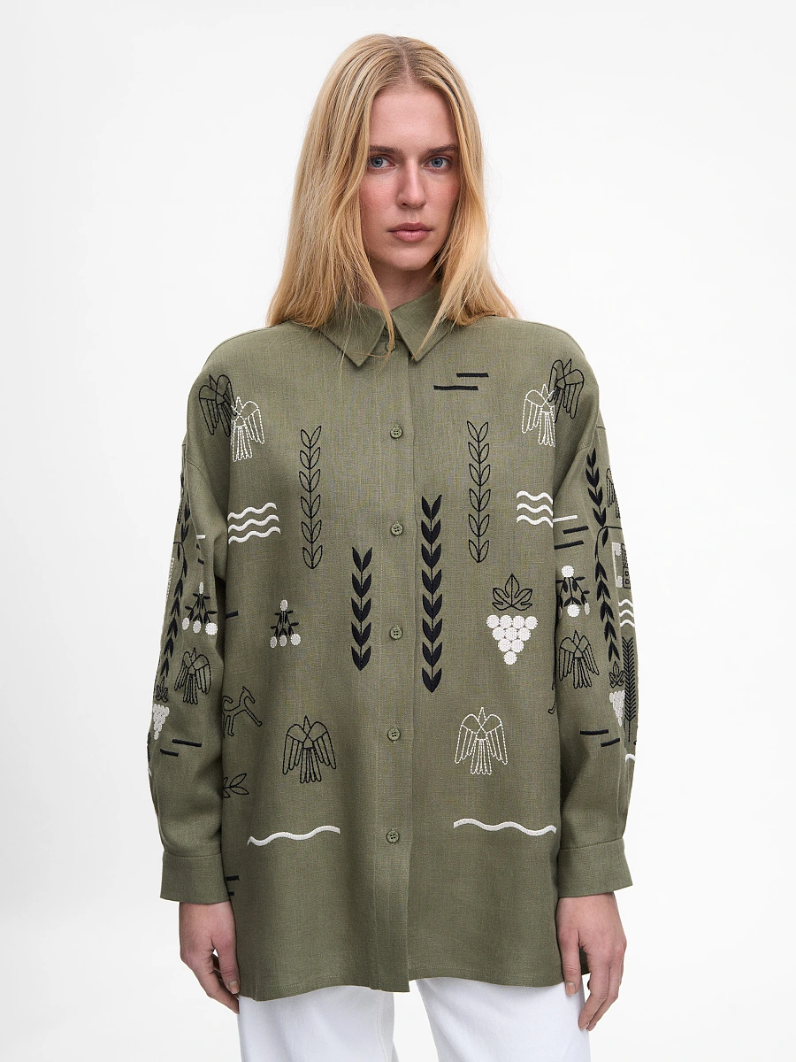 Beige linen embroidered shirt SLOVO — Green
