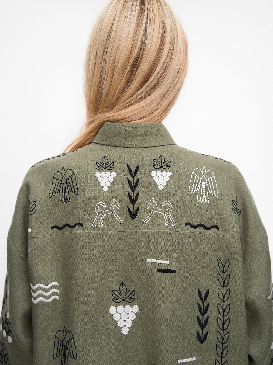 Beige linen embroidered shirt SLOVO — Green