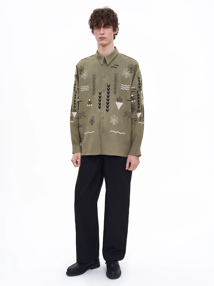 Black linen embroidered shirt MEN'S SLOVO BLACK — Green